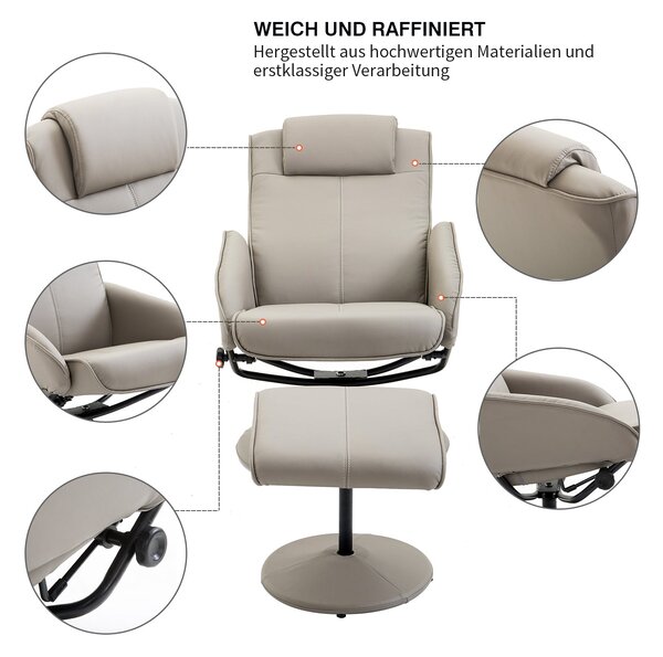 HOMCOM Recliner se stolkem na nohy, 360° otočné TV křeslo s funkcí polohování, umělá kůže, čtecí křeslo do obývacího pokoje, ložnice, šedé | Aosom
