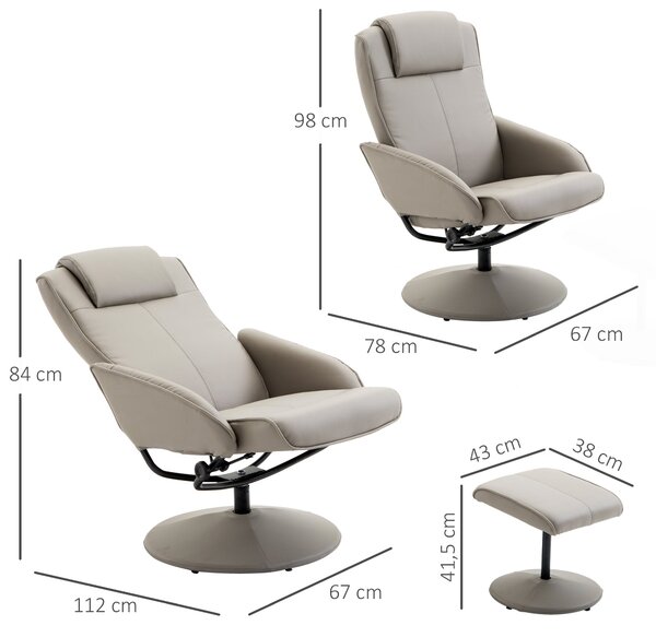 HOMCOM Recliner se stolkem na nohy, 360° otočné TV křeslo s funkcí polohování, umělá kůže, čtecí křeslo do obývacího pokoje, ložnice, šedé | Aosom