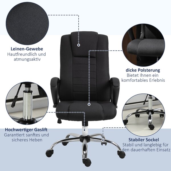 Kancelářská židle Vinsetto s funkcí houpání a opěrkou hlavy, ergonomická pracovní židle, otočná, výškově nastavitelná, černá s texturou lnu 62 x 76 x