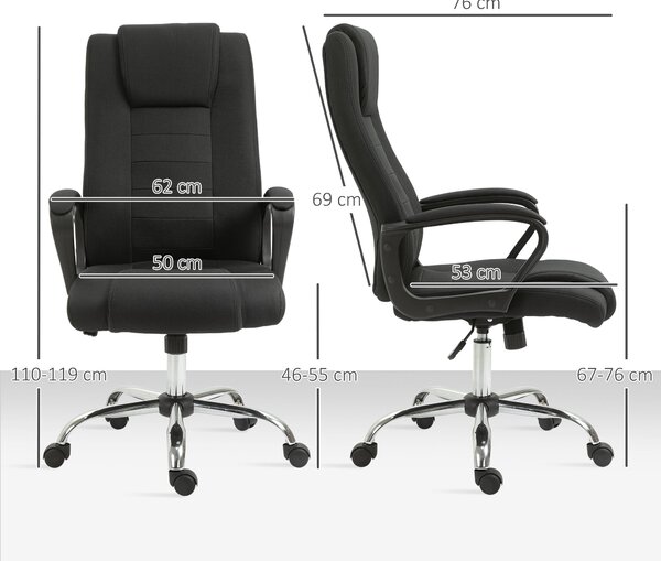 Kancelářská židle Vinsetto s funkcí houpání a opěrkou hlavy, ergonomická pracovní židle, otočná, výškově nastavitelná, černá s texturou lnu 62 x 76 x