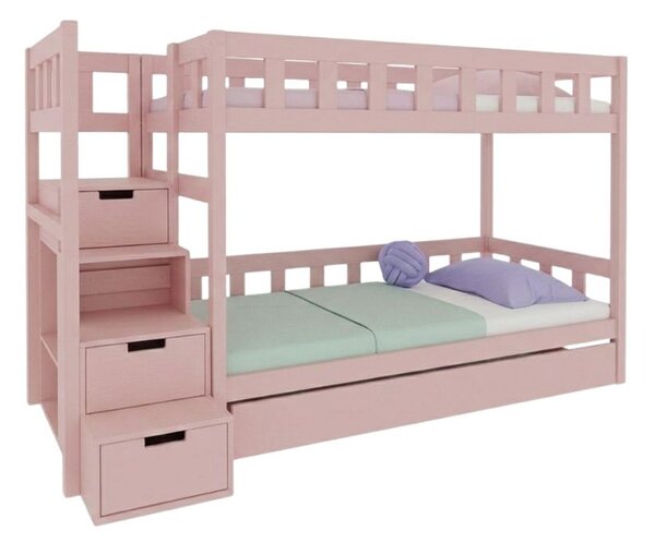 Patrová postel PLOTTY s úložnými schody 90x200 cm - Pastelově růžová, Zvolte šuplík: Přistýlka 90x190 cm, Zvolte stranu: Vlevo