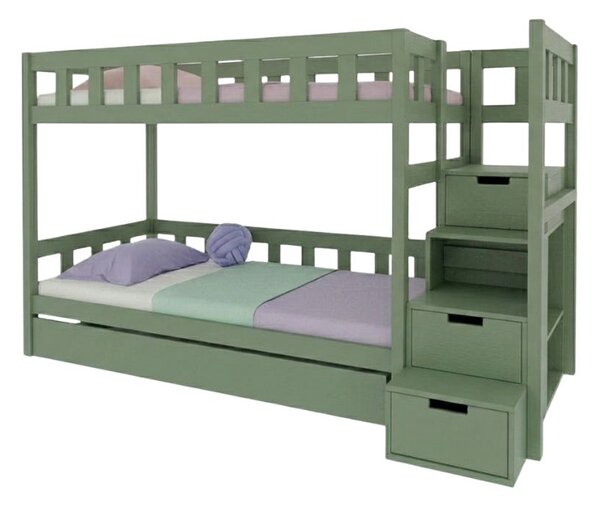 Patrová postel PLOTTY s úložnými schody 90x200 cm - Šalvějová zelená, Zvolte šuplík: Přistýlka 90x190 cm, Zvolte stranu: Vpravo