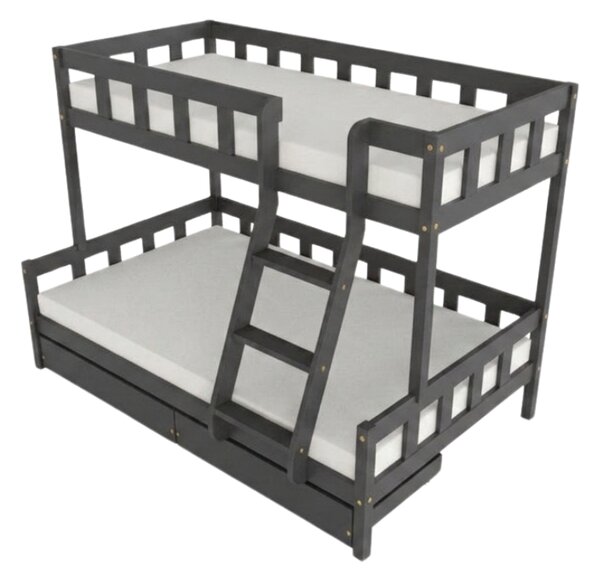 Patrová postel PLOTTY s předním žebříkem 90x200, 120x200 cm - Tmavě šedá, Zvolte šuplík: Dvojitý úložný šuplík, Zvolte stranu: Vpravo