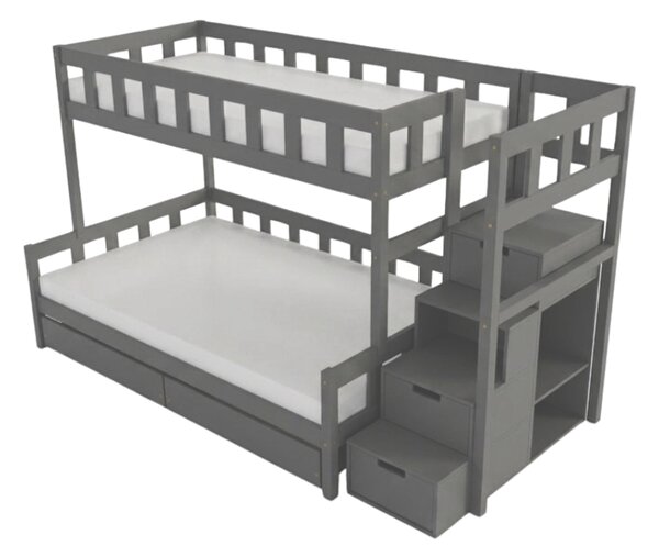 Patrová postel PLOTTY s úložnými schody 90x200, 120x200 cm - Tmavě šedá, Zvolte šuplík: Dvojitý úložný šuplík, Zvolte stranu: Vpravo
