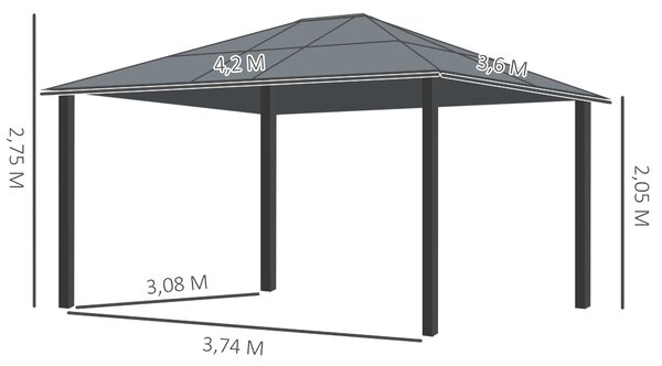 Luxusní venkovní altán Outsunny, hliníkový zahradní stan s poloprůhlednou PC střechou 420 x 360 x 275 cm | Aosom