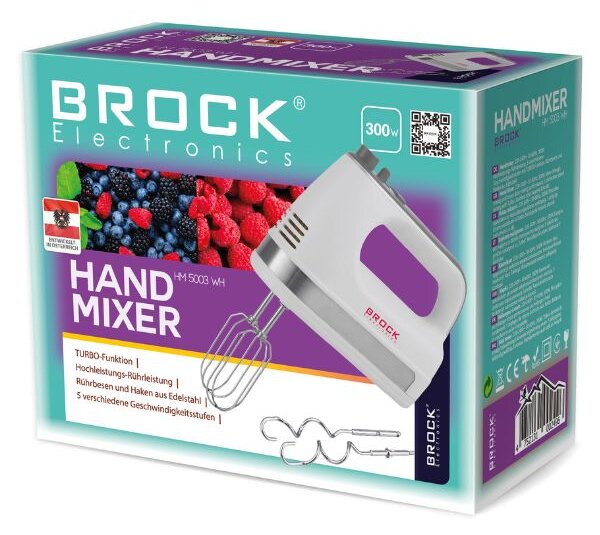Ruční mixér Brock, 300W, 5 rychlostí + turbo, na hnětení těsta a šlehání, bílý + nerez