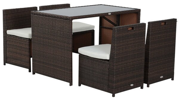 Outsunny 5dílná sada zahradního nábytku z poly ratanové, odolný balkonový nábytek pro 4 osoby s stolem, 4 židlemi a polštáři, lounge set pro balkon a