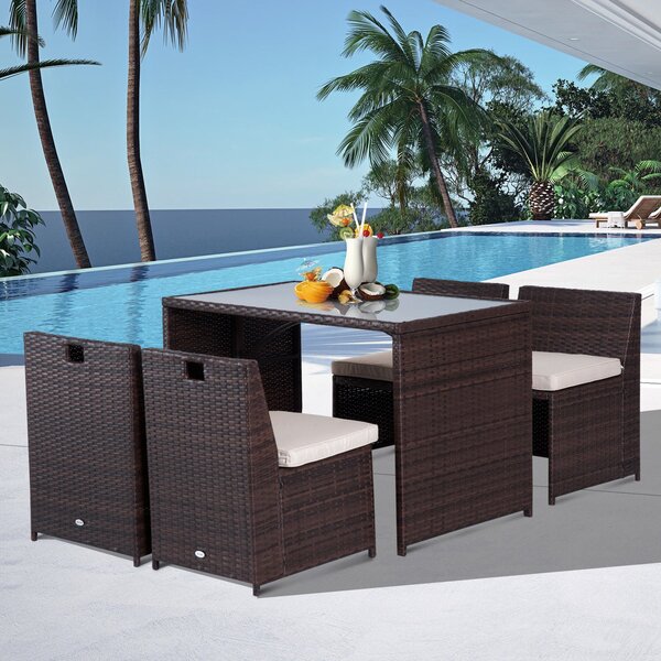 Outsunny 5dílná sada zahradního nábytku z poly ratanové, odolný balkonový nábytek pro 4 osoby s stolem, 4 židlemi a polštáři, lounge set pro balkon a
