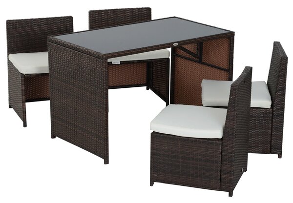 Outsunny 5dílná sada zahradního nábytku z poly ratanové, odolný balkonový nábytek pro 4 osoby s stolem, 4 židlemi a polštáři, lounge set pro balkon a