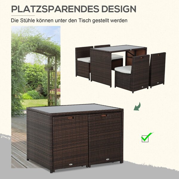 Outsunny 5dílná sada zahradního nábytku z poly ratanové, odolný balkonový nábytek pro 4 osoby s stolem, 4 židlemi a polštáři, lounge set pro balkon a