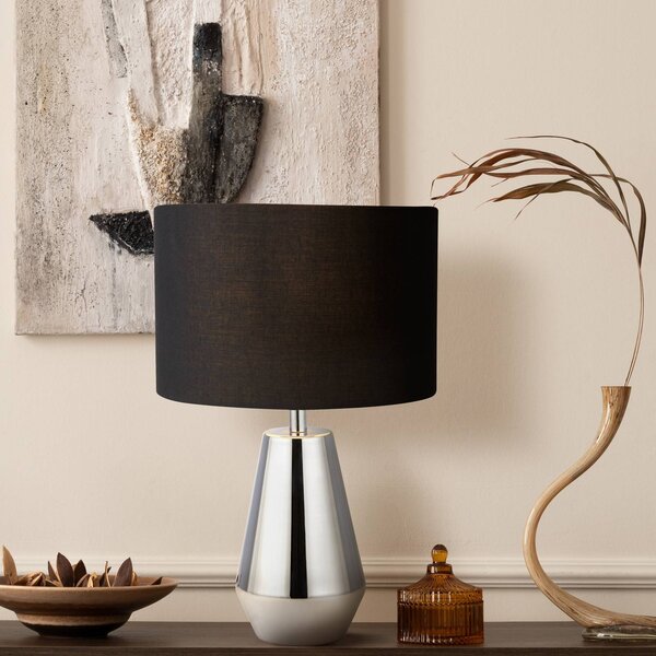 Searchlight Stolní lampa Laynie, šedá/černá, kov/textil, 24 cm, E14, Černá, Obývací pokoj / jídelna, Textil / tkanina / hedvábí, Moderní