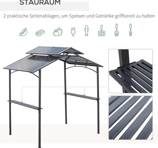 Outsunny Altánek na gril s ohnivzdornou střechou, BBQ altánek se 2 policemi, 2,5 x 1,5 m, ocelový, PC, Černá + Hnědá | Aosom