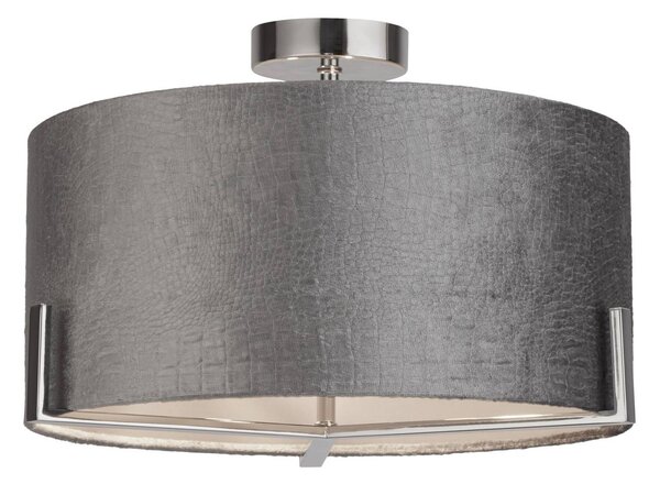 Searchlight Stropní světlo Kyran, šedé, kov, samet, Ø 40 cm, E27, stmívatelný, Hliník / šedá / zinek, Obývací pokoj / jídelna, Textil / tkanina / hedvábí, Moderní