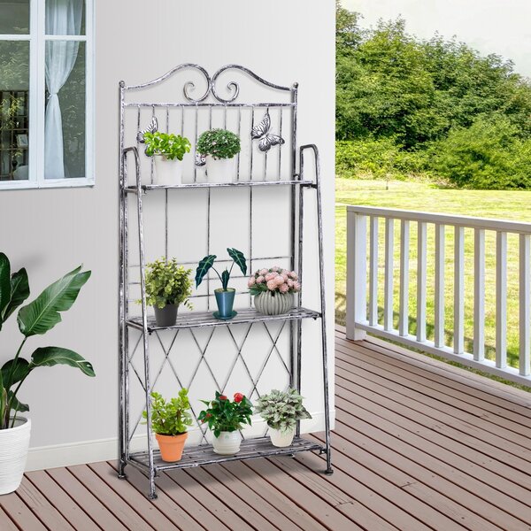 Outsunny 3-vrstvý skládací stojan na květiny pro venkovní použití jako balkon, terasa nebo zahrada, kovový květinový stojan, žebřík na květiny, stříbr
