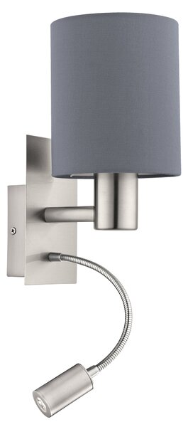 Eglo 96479 PASTERI grey classic - Nástěnná lampička se čtecí bodovkou + Dárek LED žárovka (Šedá lampa na zeď s LED bodovkou na čtení na husím krku)