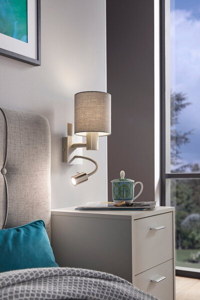 Eglo 96479 PASTERI grey classic - Nástěnná lampička se čtecí bodovkou + Dárek LED žárovka (Šedá lampa na zeď s LED bodovkou na čtení na husím krku)