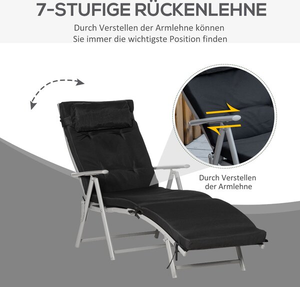 Skládací plážový lehátko Outsunny se záhlavníkem a polštářem, polohovatelný se 7 polohami opěrky, zahradní lehátko pro relaxaci, nosnost až 165 kg, pr