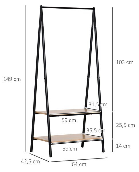 HOMCOM Stojan na oblečení s policí na boty, kovový + dřevěný, černý + přírodní, 64 x 42,5 x 149 cm | Aosom