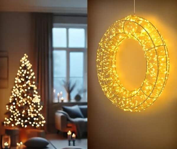 Koopmann International MICRO LED věnec s časovačem vánoční kov 300x70x300mm závěsný na baterky 2xAA, zlatá
