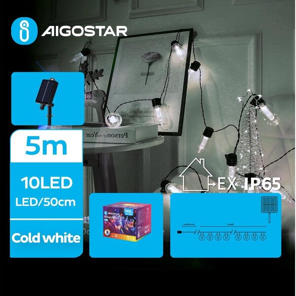 Aigostar - LED Solární řetěz 10xLED/8 funkcí 6,5m IP65 studená bílá