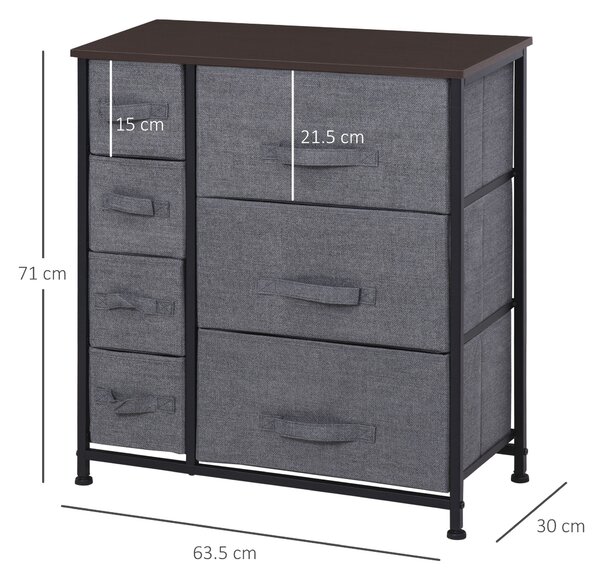 HOMCOM Skříňka s šuplíky a skládacími látkovými zásuvkami, kovový rám + dřevo + netkaná látka, tmavě šedá 63,5 x 30 x 71 cm | Aosom