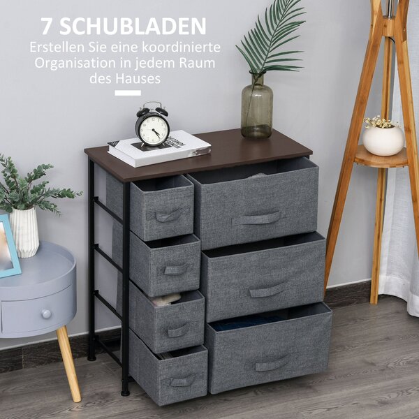 HOMCOM Skříňka s šuplíky a skládacími látkovými zásuvkami, kovový rám + dřevo + netkaná látka, tmavě šedá 63,5 x 30 x 71 cm | Aosom