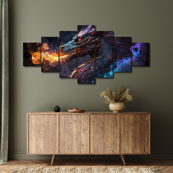 Obraz - Drak plivající plameny (210x100 cm)