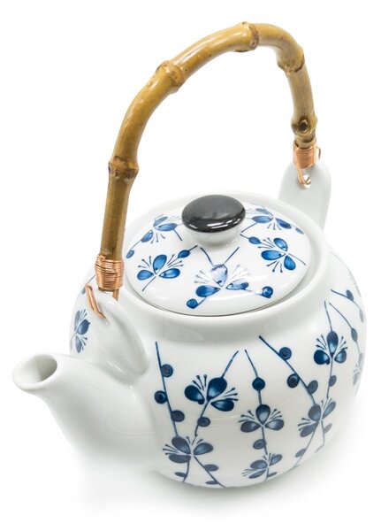 Porcelánová konvice Třešňové květy, 700 ml, bílá, motiv sakury, bambusové ucho, nerezové sítko