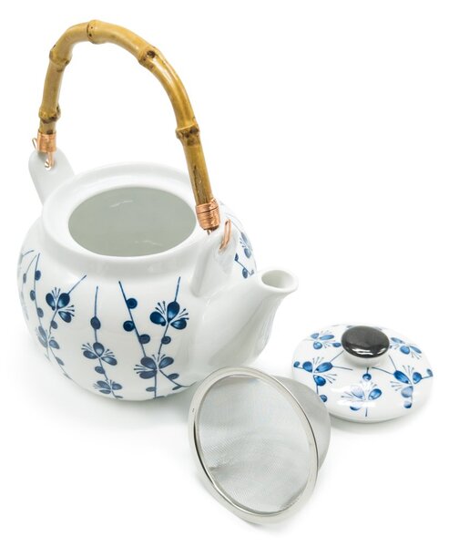 Porcelánová konvice Třešňové květy, 700 ml, bílá, motiv sakury, bambusové ucho, nerezové sítko