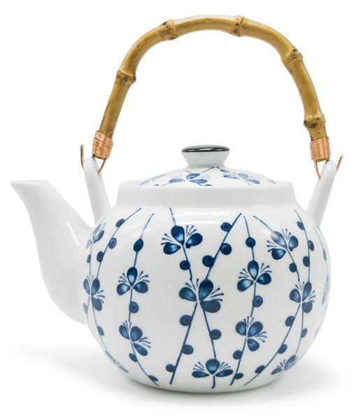 Porcelánová konvice Třešňové květy, 700 ml, bílá, motiv sakury, bambusové ucho, nerezové sítko