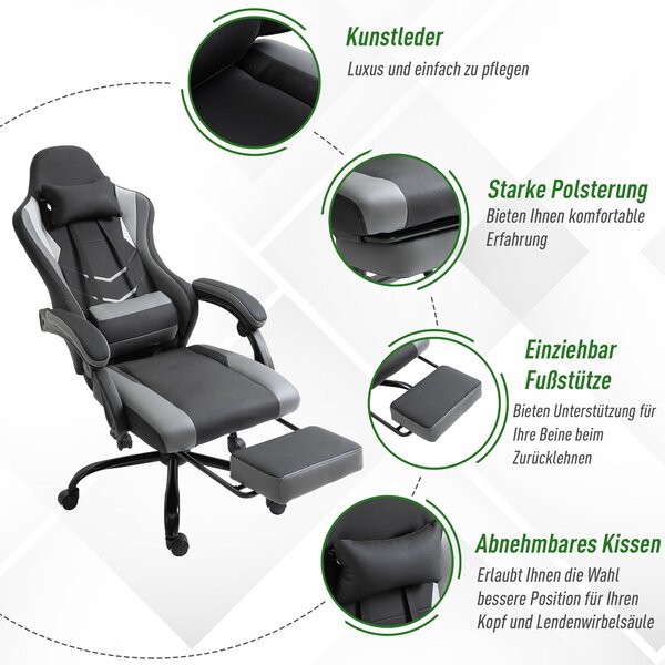 Vinsetto Ergonomická herní židle Kancelářská židle, otočná židle s nastavitelnou výškou, nastavitelný polštář na bedra s opěradlem Černá 62x52x128 cm