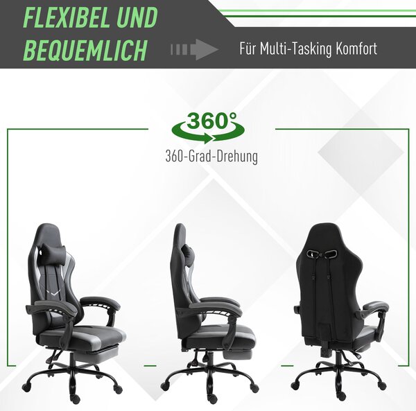 Vinsetto Ergonomická herní židle Kancelářská židle, otočná židle s nastavitelnou výškou, nastavitelný polštář na bedra s opěradlem Černá 62x52x128 cm