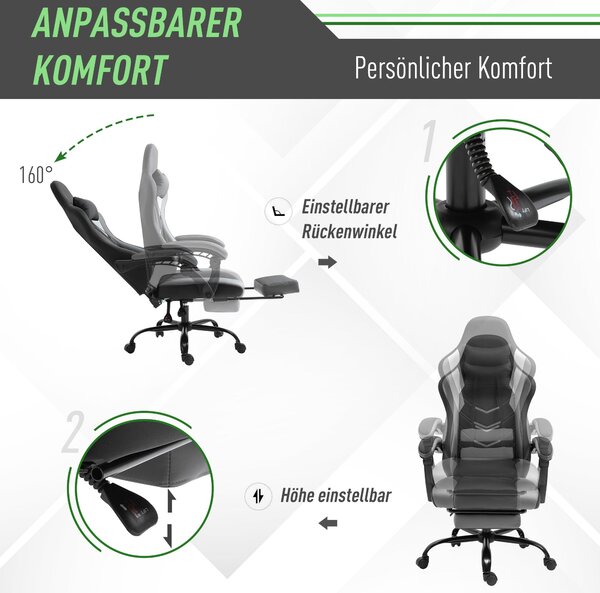 Vinsetto Ergonomická herní židle Kancelářská židle, otočná židle s nastavitelnou výškou, nastavitelný polštář na bedra s opěradlem Černá 62x52x128 cm