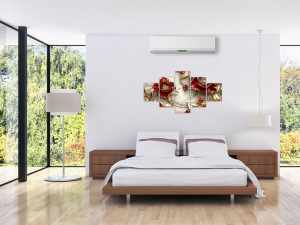 Obraz - 3D Červeno-zlaté květy (125x70 cm)