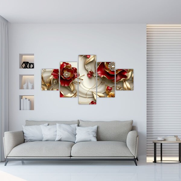 Obraz - 3D Červeno-zlaté květy (125x70 cm)