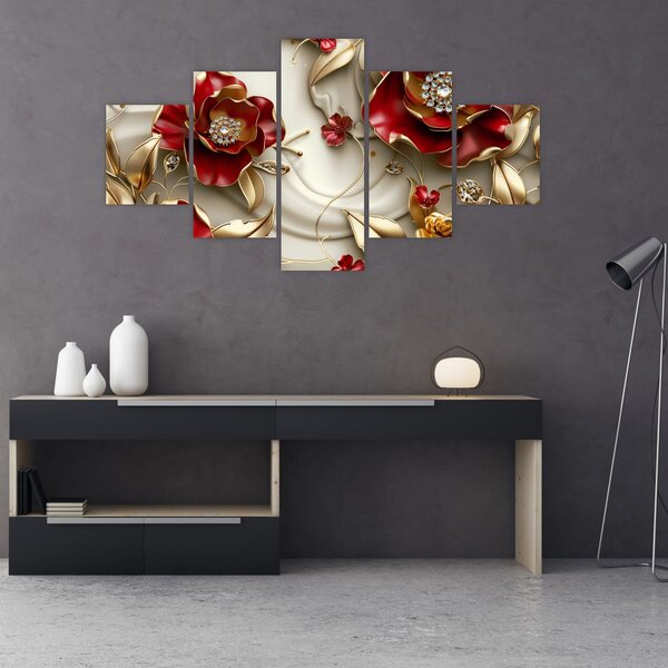 Obraz - 3D Červeno-zlaté květy (125x70 cm)