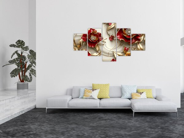 Obraz - 3D Červeno-zlaté květy (125x70 cm)
