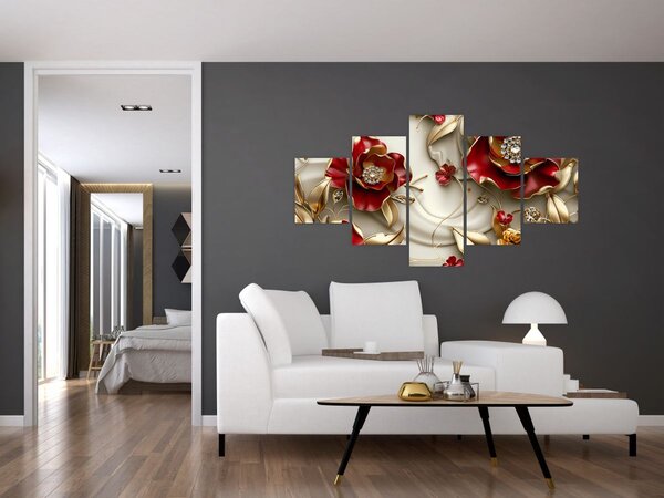 Obraz - 3D Červeno-zlaté květy (125x70 cm)