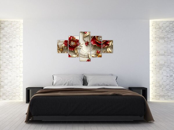 Obraz - 3D Červeno-zlaté květy (125x70 cm)
