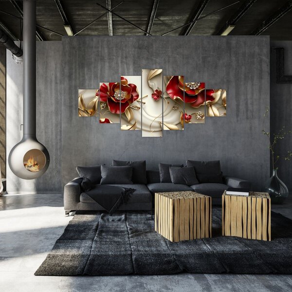 Obraz - 3D Červeno-zlaté květy (210x100 cm)