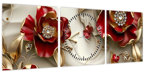 Obraz - 3D Červeno-zlaté květy (s hodinami) (90x30 cm)