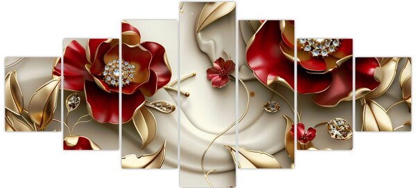 Obraz - 3D Červeno-zlaté květy (210x100 cm)