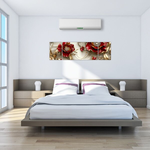 Obraz - 3D Červeno-zlaté květy (170x50 cm)