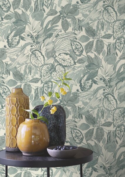 RASCH | Vliesová tapeta na zeď Novella XL 983005 | 1,06 x 10,05 m | bílá, šedá, vining ivy, tyrkysová, modrá