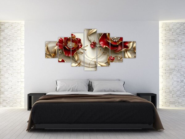 Obraz - 3D Červeno-zlaté květy (210x100 cm)