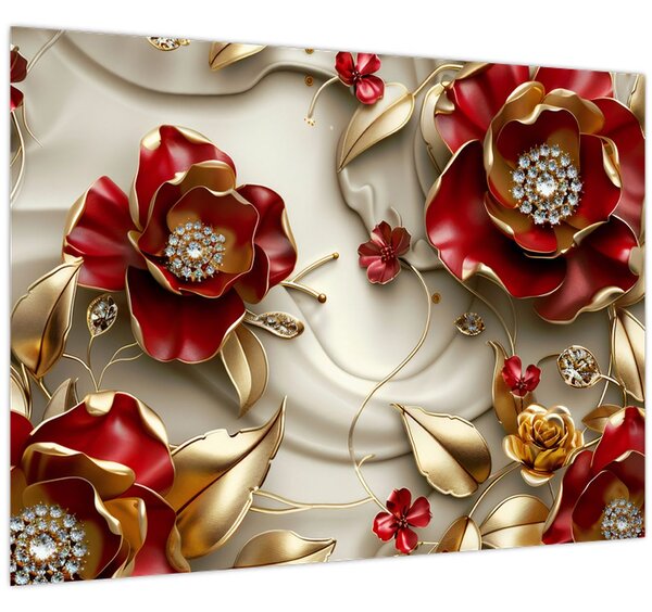 Obraz - 3D Červeno-zlaté květy (70x50 cm)