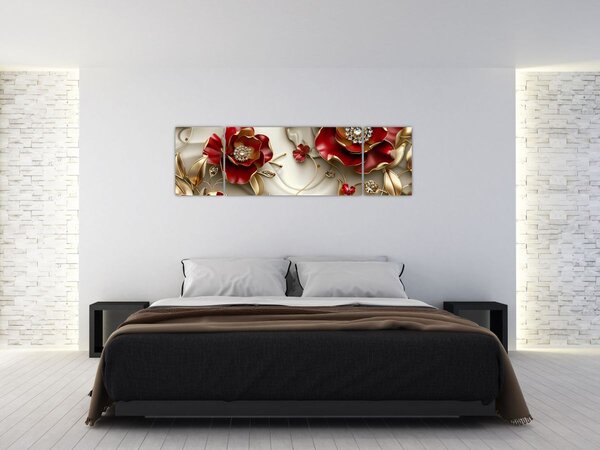 Obraz - 3D Červeno-zlaté květy (170x50 cm)