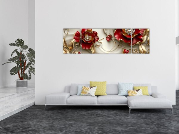 Obraz - 3D Červeno-zlaté květy (170x50 cm)