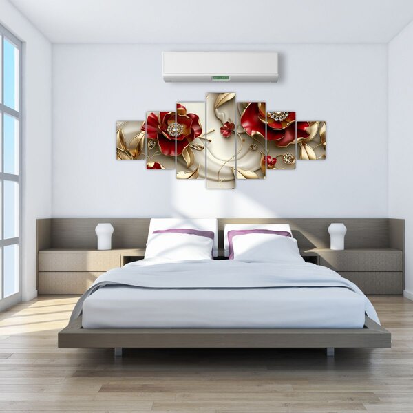 Obraz - 3D Červeno-zlaté květy (210x100 cm)