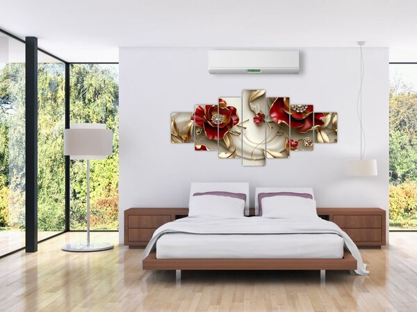Obraz - 3D Červeno-zlaté květy (210x100 cm)